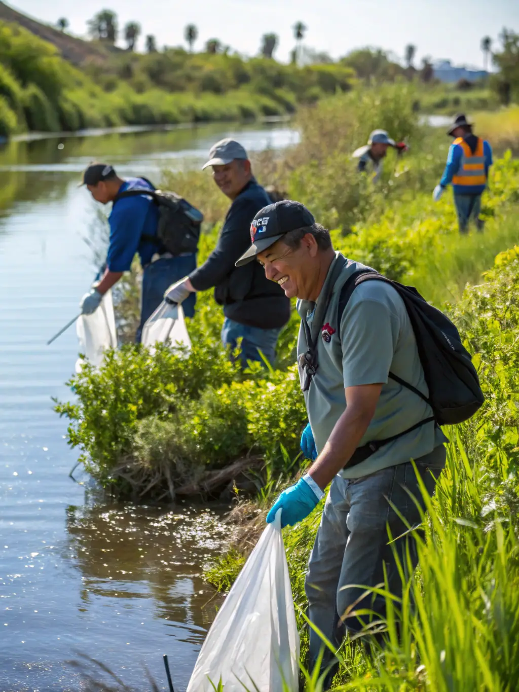 A vibrant image capturing a group of TEAM RIVE 02 members participating in a local community event, such as a river cleanup or a fishing demonstration for children.