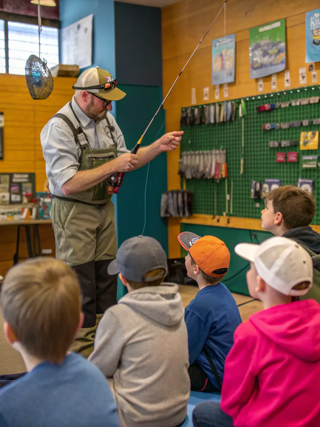 An image of a group of anglers participating in a fly fishing workshop, learning about different fly patterns and casting techniques in a classroom setting.